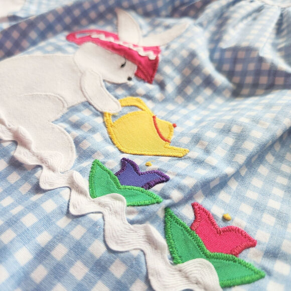 Vintage 1980s Baby Girl Easter Dress Blue Gingham Bunny & Tulip Teapot 18 Months - Picture 6 of 9